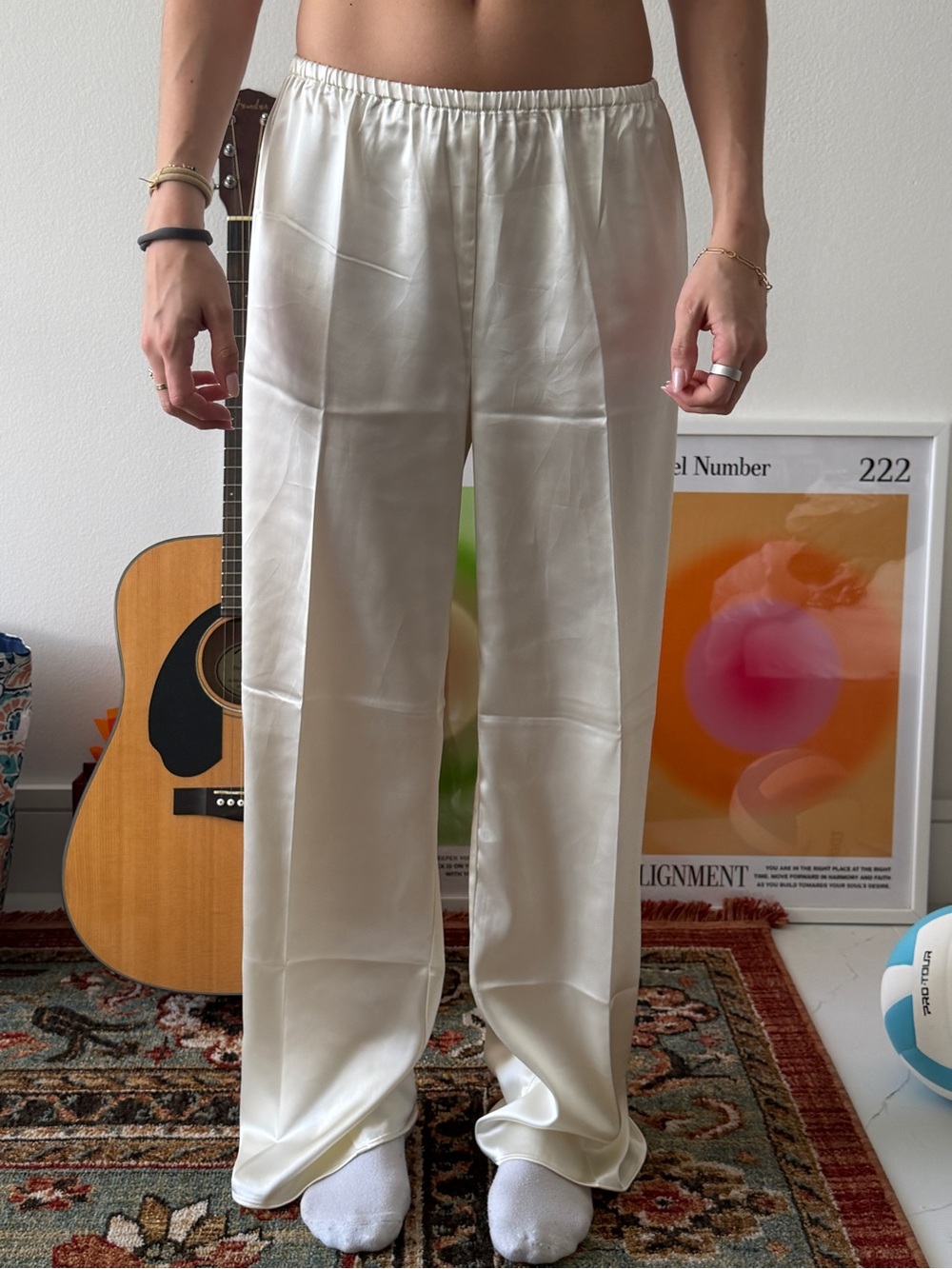 Cream Satin Wide-Leg Men’s Pants